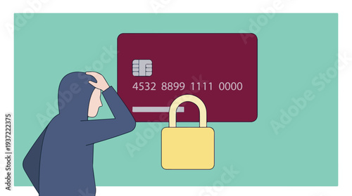 Financial security concept: Credit card protected by padlock, worried person