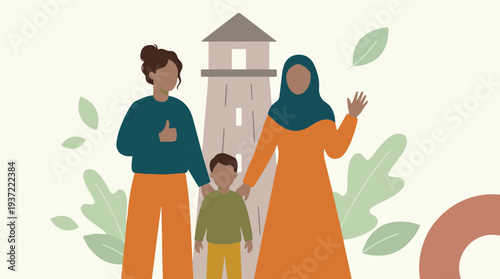 Diverse family illustration with two women, one in hijab, and a child