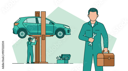 Mechanics working on a car in an auto repair service workshop