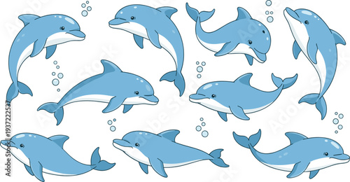 Cute Dolphin Cartoon Character Set with Different Swimming Poses Ocean Marine Animal Collection and Playful Sea Life Vector Illustration