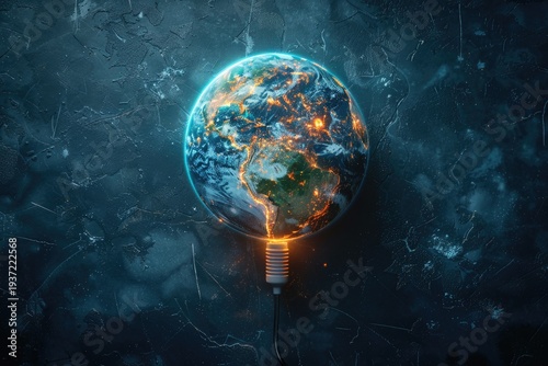 A futuristic Earth shaped like a glowing lightbulb against a dark background, symbolizing energy and technology. Energy savings during Earth Hour