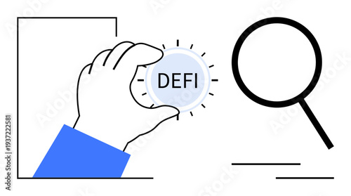 Hand holding DEFI coin with radiating lines, large magnifying glass nearby. Ideal for finance, blockchain, investigation, analysis, technology, cryptocurrency innovation. Simple flat metaphor