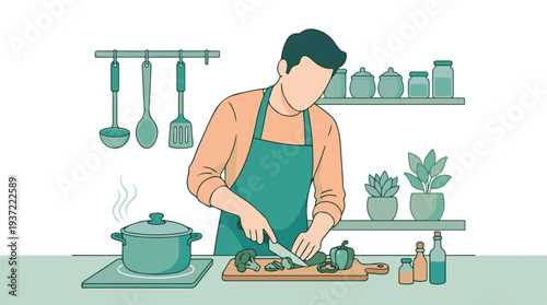 Person cooking healthy meal, chopping fresh vegetables in a modern kitchen