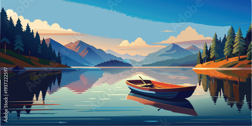 A serene lake landscape with mountains and a small boat