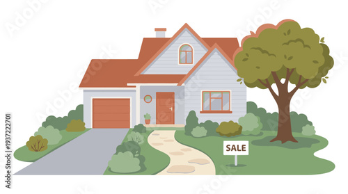 Cartoon illustration of a house for sale with front yard and tree