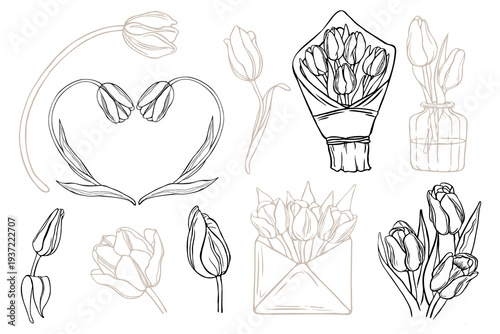 Tulip wedding doodle set — Tulip wedding doodle set with wreaths, bouquets and decorative elements in pastel colors, perfect for invitations, greeting cards and DIY projects. 