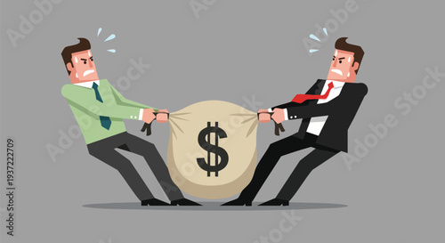 Vector illustration of two businessmen fighting over a money bag