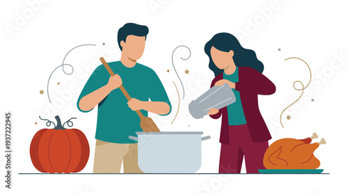 Couple cooking a festive meal together, preparing food in kitchen