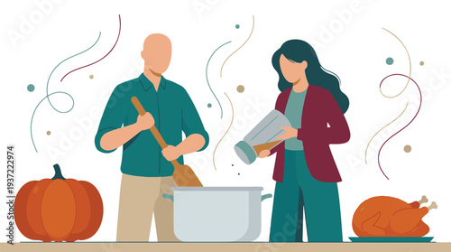 Man and woman preparing festive holiday meal, cooking and seasoning food.