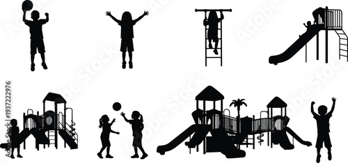 Collection of children playing on playground equipment silhouettes, kids jumping and sliding, park activity graphics, childhood fun vector elements, silhouettes,