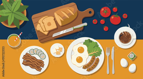 Classic breakfast spread with fried eggs, bacon, sausages, toast, and coffee