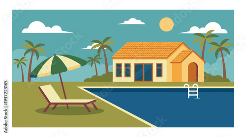 Tropical resort illustration with private house, swimming pool and palm trees