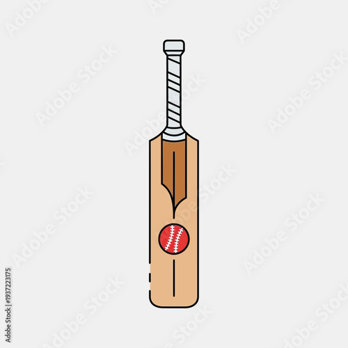 Flat design illustration of a wooden cricket bat with a red ball, perfect for sports websites, blogs, and promotional materials.
