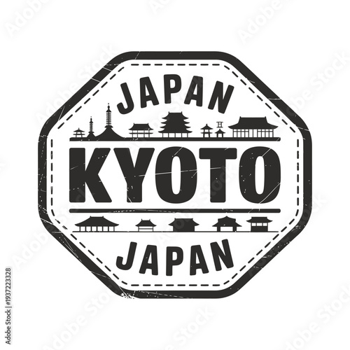 Vintage stamp illustration featuring kyoto city skyline and japanese text
