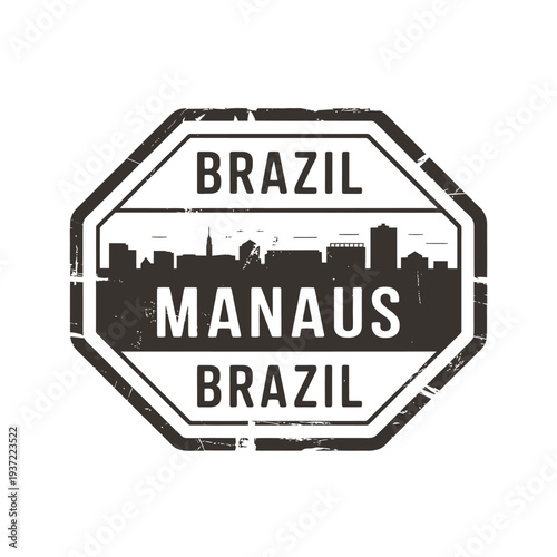 Vintage style travel stamp featuring the city skyline of Manaus Brazil