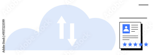 Cloud icon with arrows for data transfer next to a document representing user profiles and ratings. Ideal for cloud computing, data security, user review systems, digital identity, file sharing