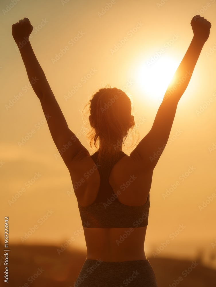 Fototapeta premium A woman in a sports bra and workout attire celebrating with fists raised against a sunset background.