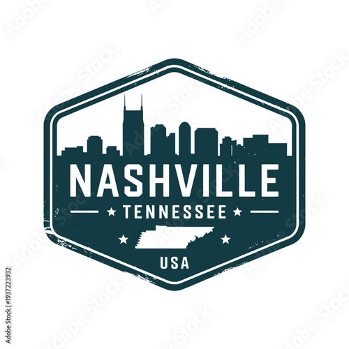Vintage nashville tennessee travel badge with city skyline and state outline