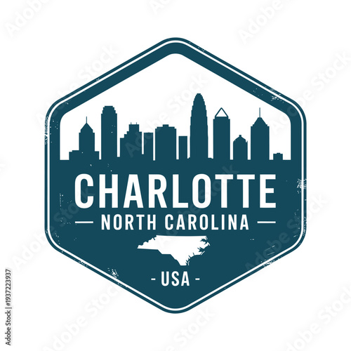 Vintage style emblem featuring the charlotte skyline and north carolina map