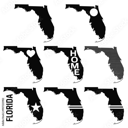 Florida state shapes with various designs and textual elements
