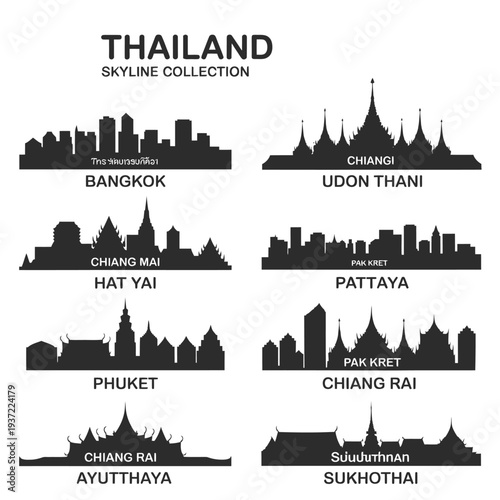 Thailand skyline collection featuring silhouettes of major cities