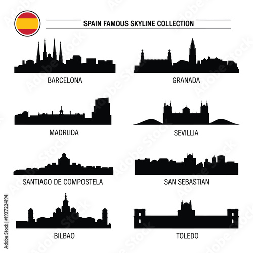 Spanish city skylines collection with flag illustration displayed above