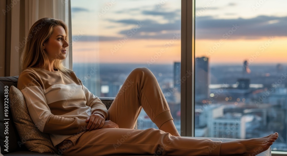 Fototapeta premium Contemplative Evening View: A woman rests near a window, enjoying a tranquil moment while gazing at the cityscape as the sun sets, showcasing serenity and the beauty of an evening skyline.