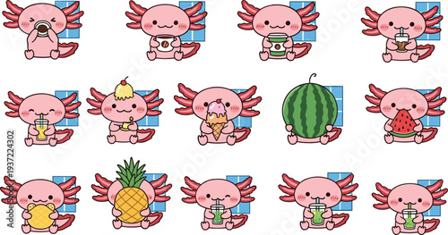 Cute kawaii axolotl cartoon character set with fruits, drinks, watermelon, pineapple, ice cream, and summer snacks vector illustration