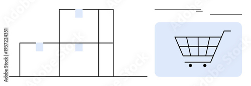 Stacked boxes next to a shopping cart icon highlighting logistics, online retail, delivery, supply chain, inventory, product packaging, sales strategy. Ideal for e-commerce concepts, simple flat