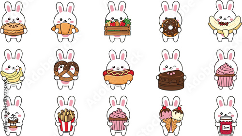 Cute kawaii bunny cartoon character set with pie, donut, banana, pretzel, fries, cupcake, cake, and dessert foods vector