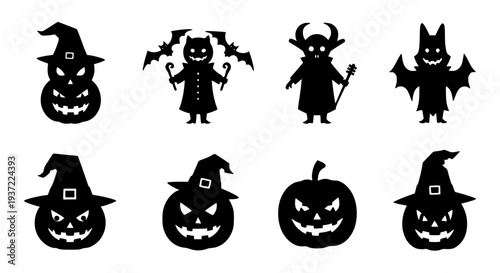 Pumpkins Halloween icon set with witch hat and scary faces featuring pumpkin, jack-o-lantern, black silhouette with