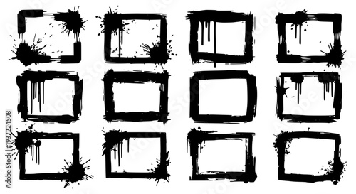 Frames grunge set with black ink splatters and drips featuring splatter, texture, dirty with stained and messy elements