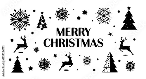 Christmas decorations set with snowflakes, trees, and reindeer in black and white featuring holiday, festive, vector