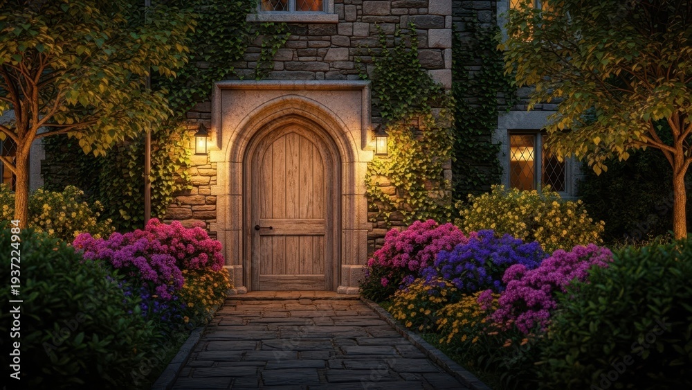 Fototapeta premium Evening Entrance: An inviting stone doorway glows warmly amidst a lush garden illuminated by soft evening light, exuding an aura of tranquility and charm.