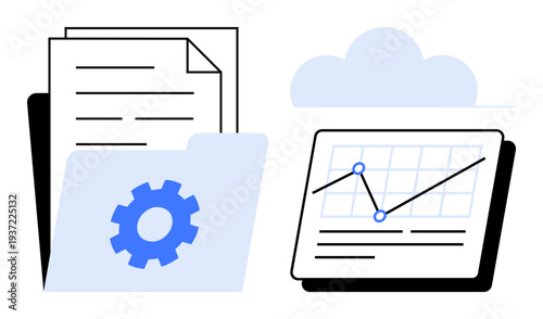 Documents in a folder with gear icon, a cloud, and a data chart. Ideal for data analysis, cloud storage, statistics, productivity, workflow file management and data-driven decision-making. A simple