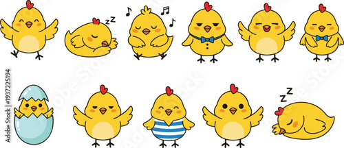 Cute kawaii chick cartoon character set with singing, sleeping, dancing, hatching egg, and happy baby chicken vector illustration