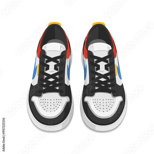 Colorful athletic sneakers with black and white design on white background  