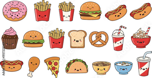 Cute kawaii fast food cartoon icon set with burger, pizza, fries, donut, taco, noodles, and drink vector illustration