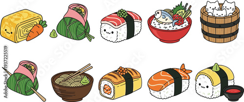 Cute kawaii sushi and Japanese food cartoon collection with nigiri, maki rolls, ramen bowl, rice, and bento vector illustration