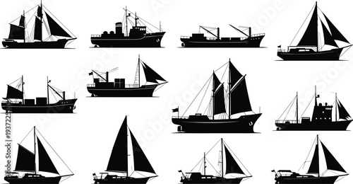 Sailing boat, yacht, sailboat, and fishing vessel silhouettes, vector illustration set for sea, ocean, and marine themes