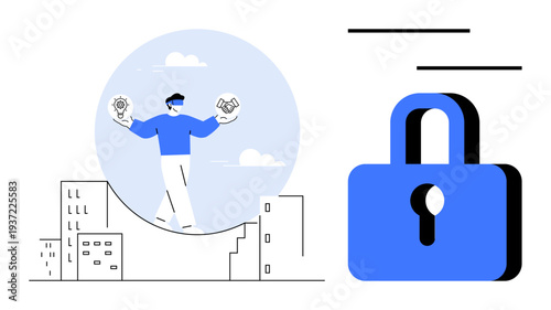 Person walking on balanced buildings, holding a lightbulb and handshake, with a large padlock symbol signifying protection. Ideal for teamwork, security, innovation, balance, trust, ideas safety