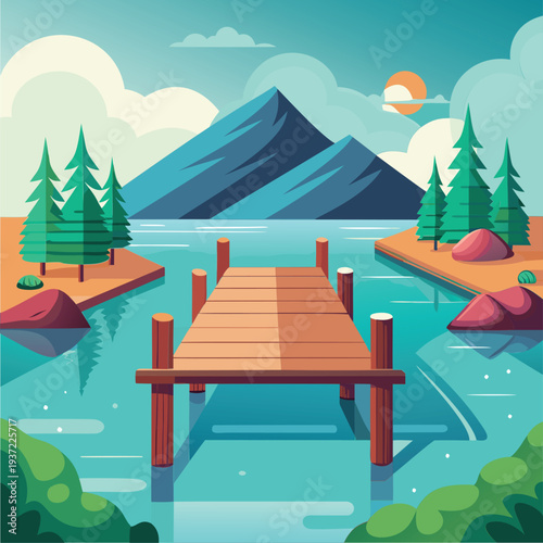 A picturesque wooden dock extends over a serene lake. nestled amidst lush greenery and mountains.