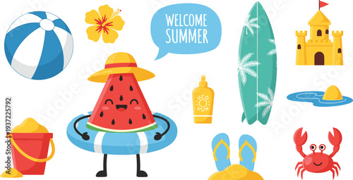 Cute summer beach icon collection with watermelon character, surfboard, sunscreen, beach ball, crab, sandcastle, and flip flops vector
