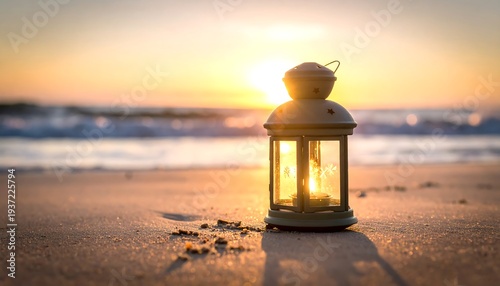 Lantern glows on sandy shore, ocean waves, bright sun setting over water