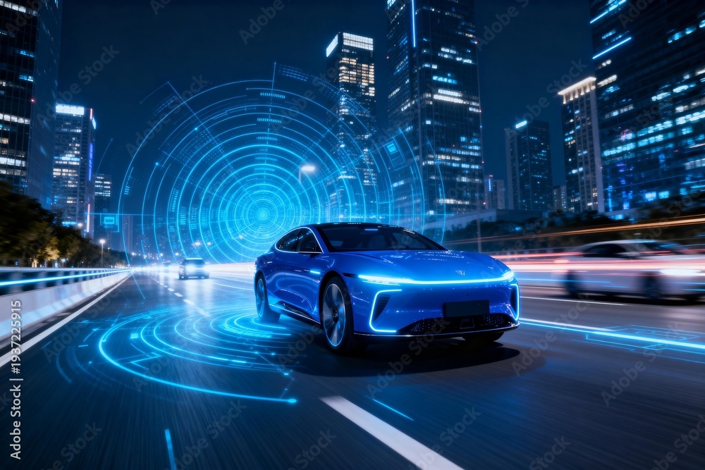 Fototapeta premium Autonomous Electric Car on Futuristic City Road at Night