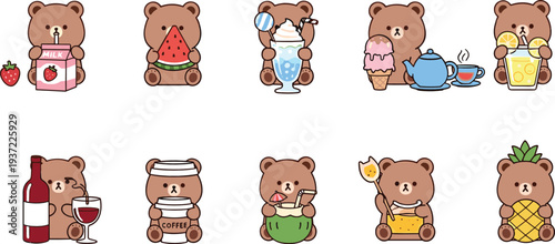 Cute teddy bear cartoon character set with milk, watermelon, ice cream, tea, coffee, wine, pineapple, and fruit drinks