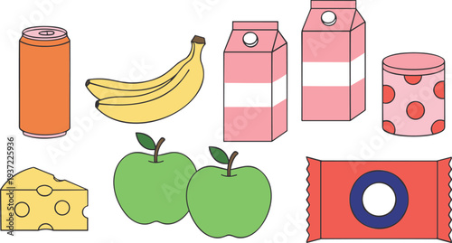Healthy grocery set with fresh fruits and dairy products colorful cartoon food icons collection.