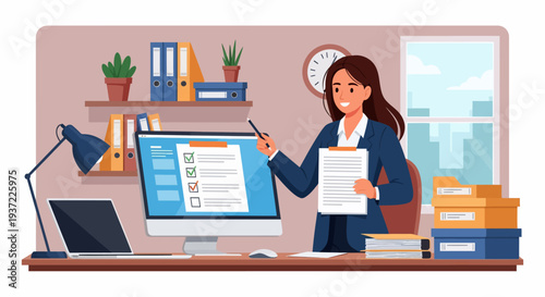 Businesswoman working at office desk.