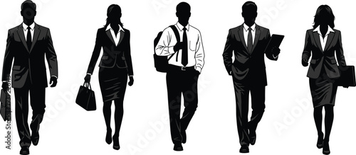 Professional business people walking silhouettes. A group of men and women walking in formal attire, carrying bags and documents