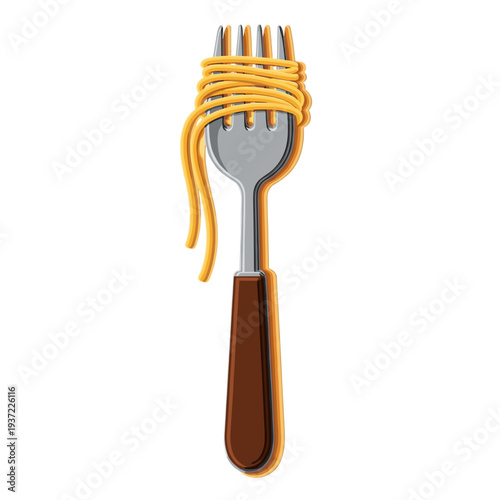 Fork with spaghetti noodles wrapped around prongs in a playful design  